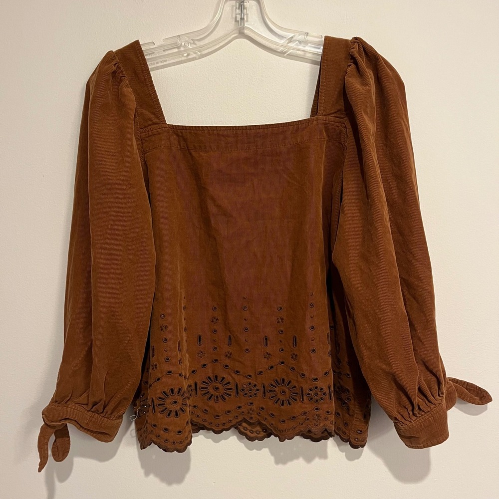 Madewell Shirt Embroidered Eyelet Corduroy Tie-Sleeve Top Brown Square Neck Med - Picture 3 of 8